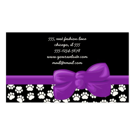 Dog Paws Traces Pawprints White, Black, Purple Business Card Template (back side)