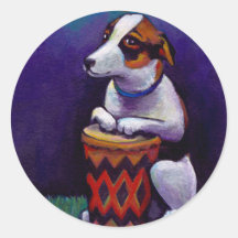 Dog playing bongo drum fun original drumming art stickers