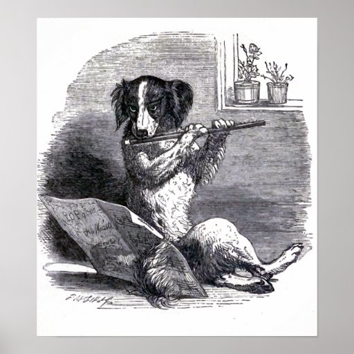 "Dog Playing the Flute" Vintage Illustration Poster Zazzle