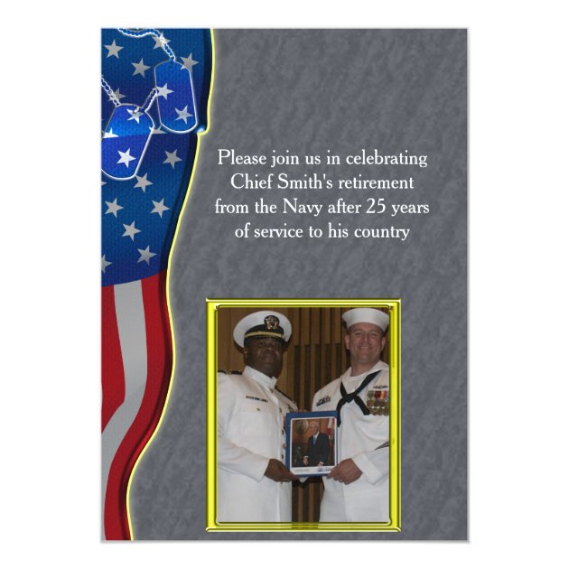 Dog tags and American flag Military Retirement Card (front side)