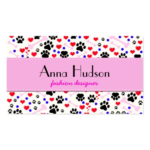 Dog Trails Paws Bones Dots Hearts Red Pink Blue Business Card Template (front side)