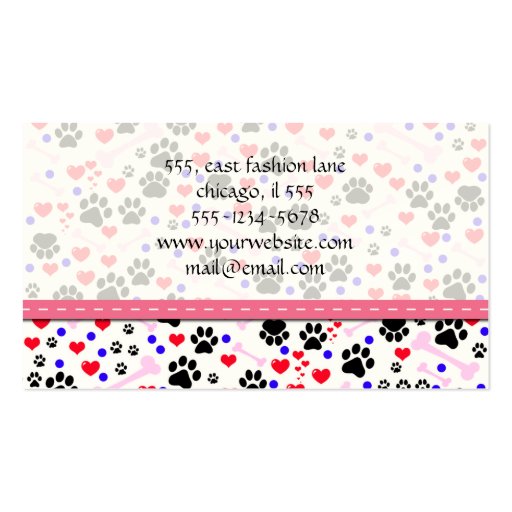 Dog Trails Paws Bones Dots Hearts Red Pink Blue Business Card Template (back side)