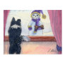 Dog watching snowman bearing gifts postcard