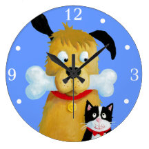 Dog with Bone and Cat - Wall Clock