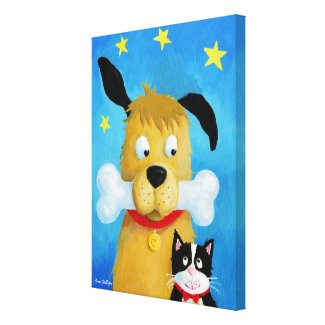 Dog with Bone & Cat Canvas Painting Canvas Print