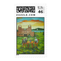 Dogs eating dinner postage stamp
