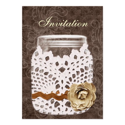 doily covered rustic mason jar wedding invites