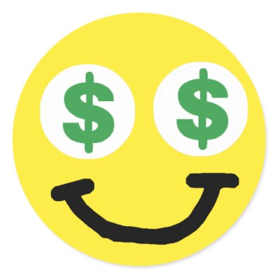 cartoon dollar sign eyes. A smiley with green dollar signs in its eyes.