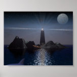Dolphin and Lighthouse at night posters