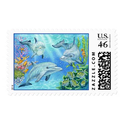 Dolphin Cove Postage Stamp by BarbaraBayerArt