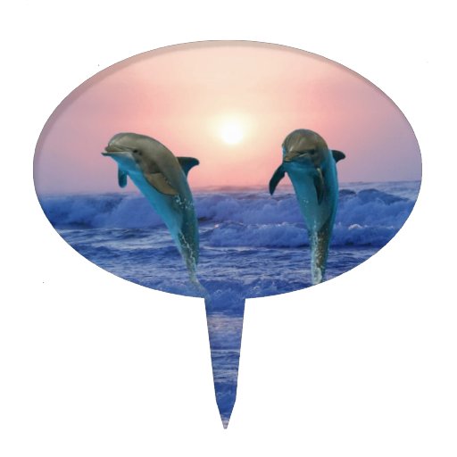 Dolphins at sunrise oval cake topper