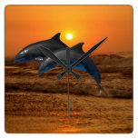 Dolphins at sunset square wallclocks