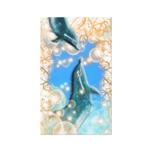 Dolphins swimming blue bubbles canvas print
