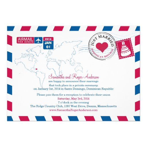 Dominican Republic Air Mail Post Wedding Reception Personalized Invites