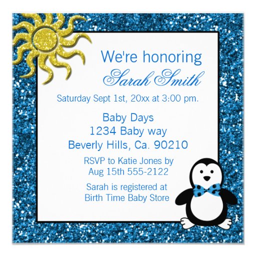 Doodle Penguin Boy Baby Shower Announcement