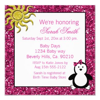 Doodle Penguin Girl Baby Shower Personalized Announcements