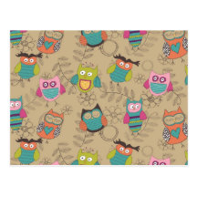Doodled owls on beige background postcard
