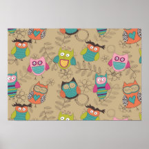 Doodled owls on beige background posters