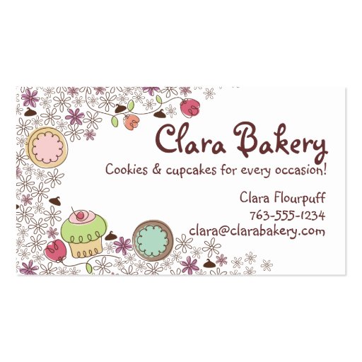 Doodles cookies cupcakes flowers bakery sweets business card template (front side)