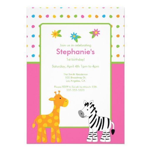Dotted Jungle Animals  Birthday Party Invitation