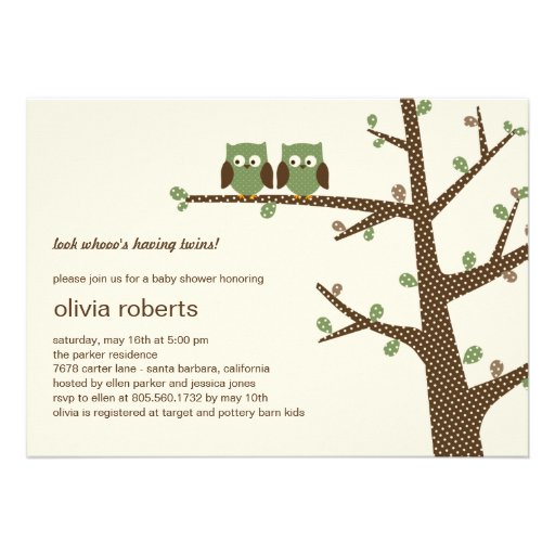 Dotty Owls Twins Baby Shower Invitation (front side)
