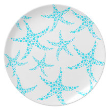 Dotty Starfish Pattern in Turquoise and White. Dinner Plates