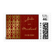 Double Happiness Red Gold Chinese Wedding Stamps