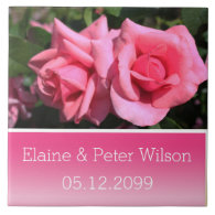 Double hot pink rose flowers wedding anniversary ceramic tiles