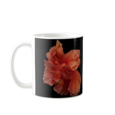 double peach hibiscus flower - black background mugs by Lisachromis