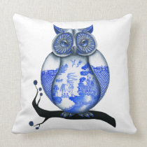 DOUBLE SIDED Blue Willow Siamese Cat AND Owl american mojo pillows