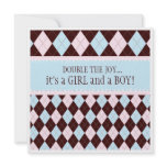 Double the Joy Argyle Boy Girl Twins Baby Shower Custom Announcements