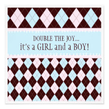 Double the Joy Argyle Boy Girl Twins Baby Shower Custom Announcements