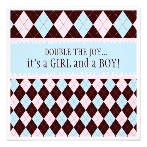 Double the Joy Argyle Boy Girl Twins Baby Shower Custom Announcements