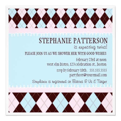 Double the Joy Argyle Boy Girl Twins Baby Shower Custom Announcements