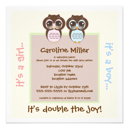 Double the Joy!  Twin Owl Boy Girl Baby Shower Custom Invitations
