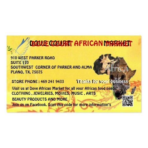 DOVE COURT AFRICAN MARKET CARD DESIGNED MY MOJISOL BUSINESS CARD (front side)