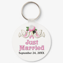Dove & Rose - Just Married T-shirt keychains by SpiceTree_Weddings Dove & Rose - Just Married T-shirt keychains