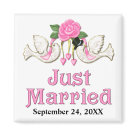 square_magnet - Two white doves, pink rose and trailing ribbon with hearts. Pink text says Just Married. Customize wedding date for unique gift idea.
