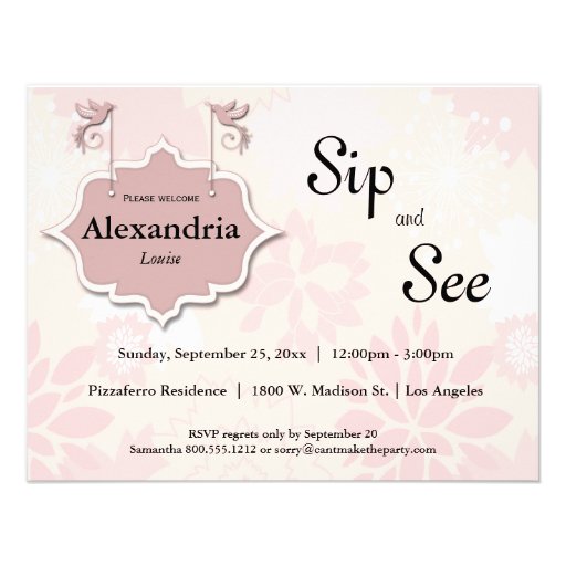 Doves And Pink Floral Sip And See Baby Invite