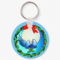 DOVES & HOLLY WREATH by SHARON SHARPE keychains by sharonsharpe DOVES & HOLLY WREATH by SHARON SHARPE keychains