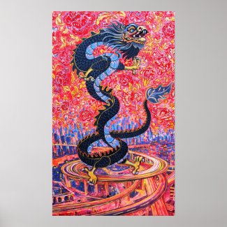 Dragon Flowers over the city Poster
