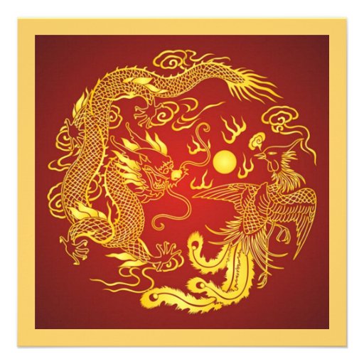 Dragon Phoenix Red Gold Chinese Wedding Invitation (front side)