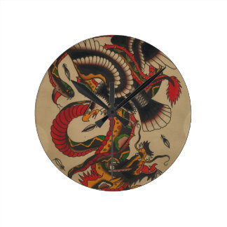 DRAGON SNAKE AND EAGLE - ORIENTAL ABSTRACT ROUND WALLCLOCK