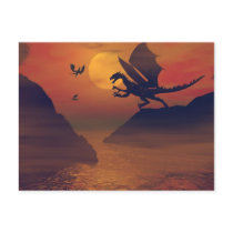 dragon, dragons, flight, sunset, sun, fantasy, art, fantasies, medieval, mystic, mysical, magic, magical, ancient, dark, scary, scare, wing, wings, scenery, scene, ocean, oceans, shore, tree, trees, skies, sky, nature, fog, mist, animals, creature, creatures, Postcard with custom graphic design