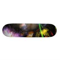 skateboarding, pro, skateboarder, rockstar, skateboard, future, sci-fi, science, fiction, alien, government, flying, saucer, sky, skies, aliens, invasion, space, exploration, nebula, star, stars, sun, moon, moons, fantasy, creature, creatures, planet, planets, earth, meteor, fire, comets, art, computer, graphics, graphic, astrology, astronomy, Skateboard with custom graphic design