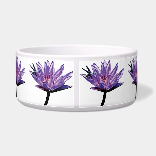Dragonfly on Purple Water Lily Pet Water Bowl