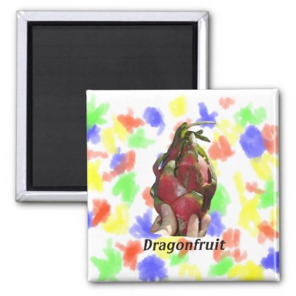 Dragonfruit held in fingers with text photo Pitaya Fridge Magnets