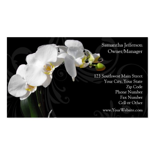 Dramatic Black and White Orchid Flower with Swirl Business Card Templates (back side)