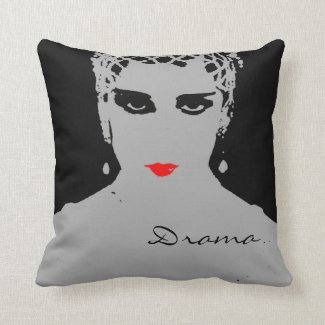 Dramatic Woman in Black and Gray With Red Lips Throw Pillow