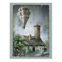 imaginative, mysterious, mood, flying, illustration, baloon, countryside, digital art, surreal art, atmospheric, artwork, rain, landscape, cool, fantasy, amazing, surreal, adventure, awesome, unique, tower, eerie, houk, bestseller, surrealism, Postcard with custom graphic design